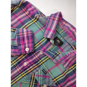 OBEY Worldwide Plaid Flannel Button Up Shirt Men's Size Large Green Pink Yellow